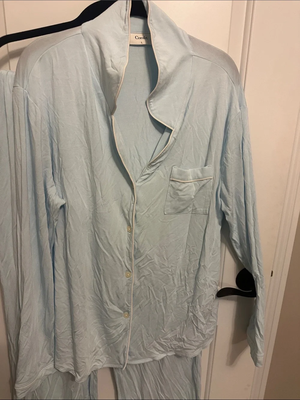 Women's Light Blue Button-Front Pajama Set - Long Sleeve Top & Lounge Pants